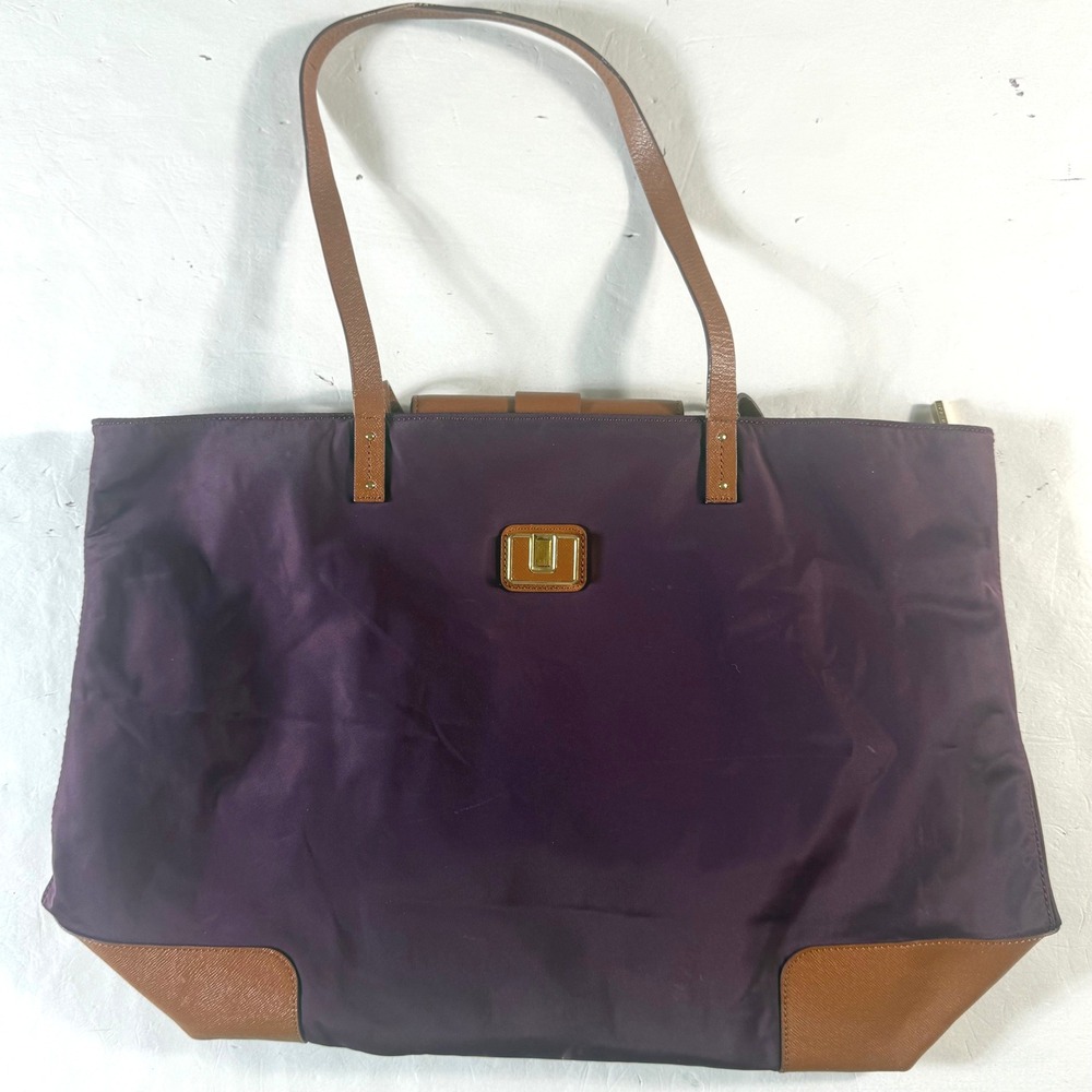 Tory Burch Nylon Tote Bag Purse Women Large Purple Tan Leather Trim Shoulder Bag